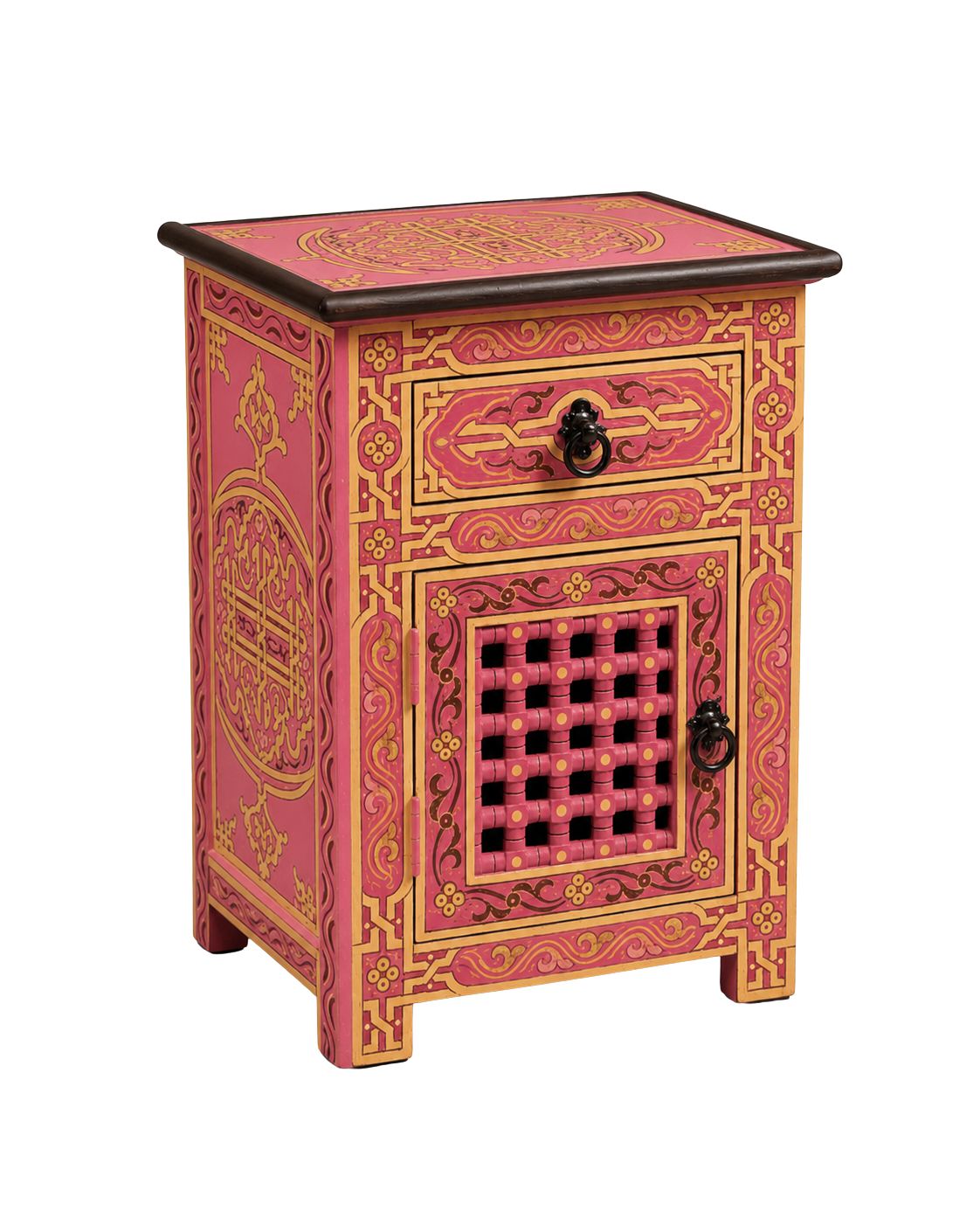 Pink and gold boho nightstand beside bed with lamp and plant decor 