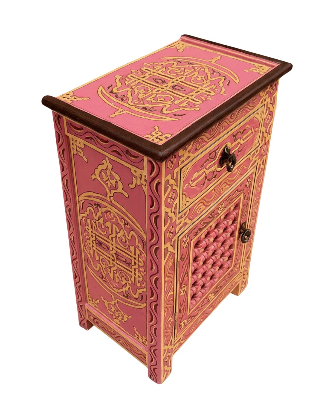 Front view of Moroccan painted nightstand with black ring pull hardware 