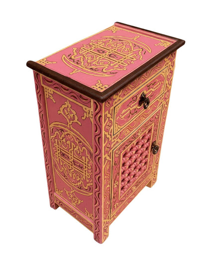Front view of Moroccan painted nightstand with black ring pull hardware 