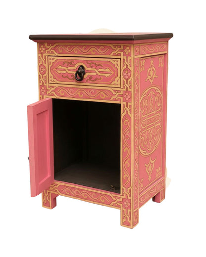 Pink Moroccan side table with dark wood top and hand-painted patterns 