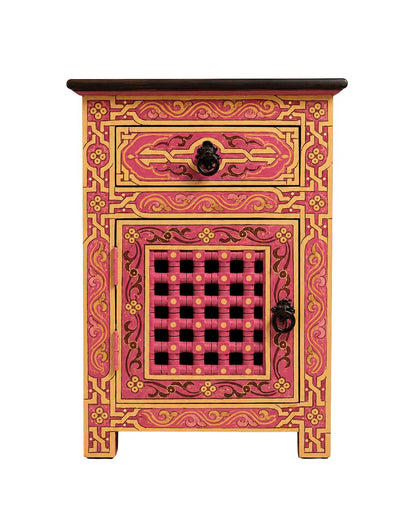 Pink Moroccan hand painted nightstand with gold details and lattice door 