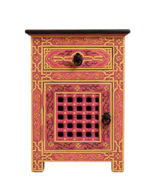 Pink Moroccan hand painted nightstand with gold details and lattice door 