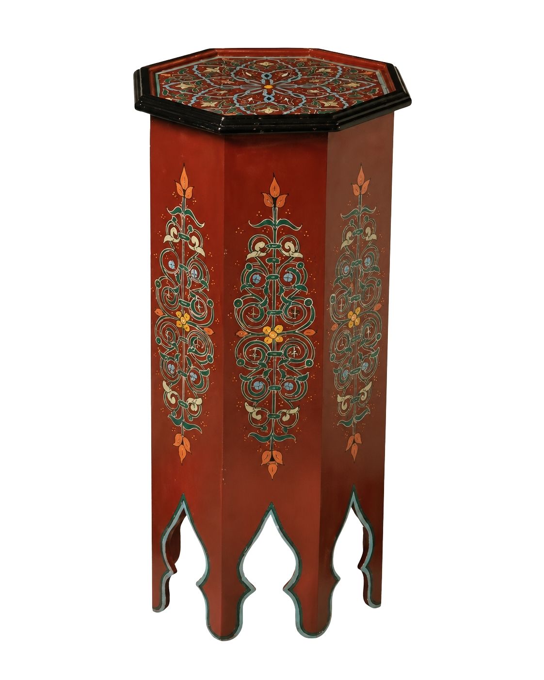 Hand-painted Moroccan pedestal side table in red wood with intricate traditional arabesque details.