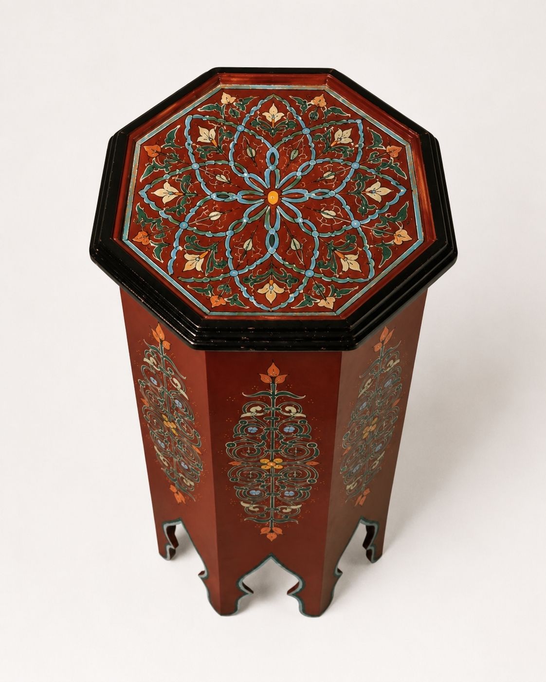 Moroccan accent table hand-painted by artisans, styled as a premium boho nightstand.