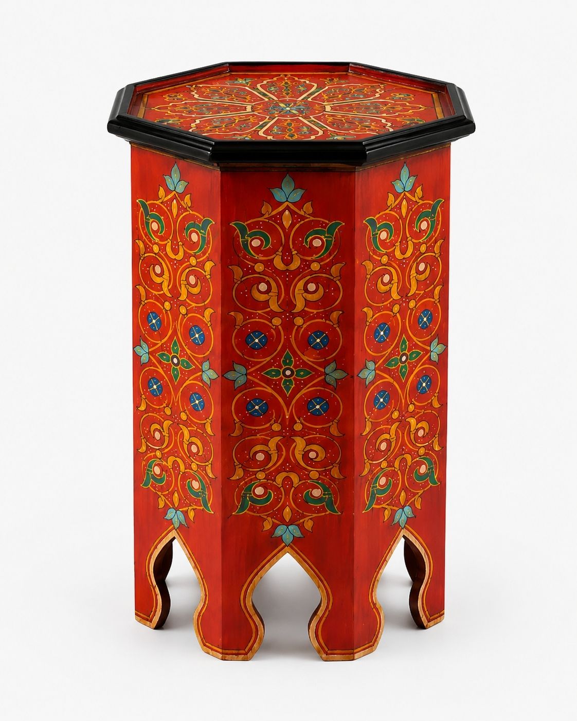 Red Moroccan hand-painted octagonal wooden side table 