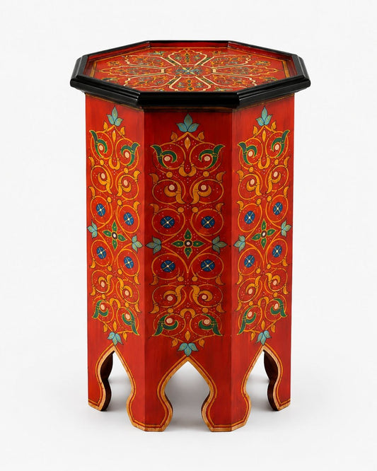 Red Moroccan hand-painted octagonal wooden side table 