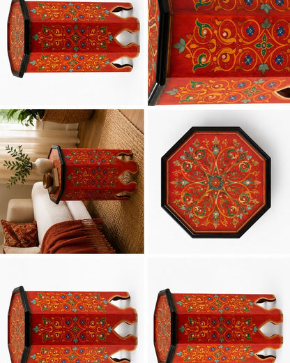 A collage showing multiple views of a decorative red octagonal tray or box with ornate multicolor floral and geometric patterns, including a top-down view, side view, close-up pattern detail, and one view placed on a sofa in a living-room setting.