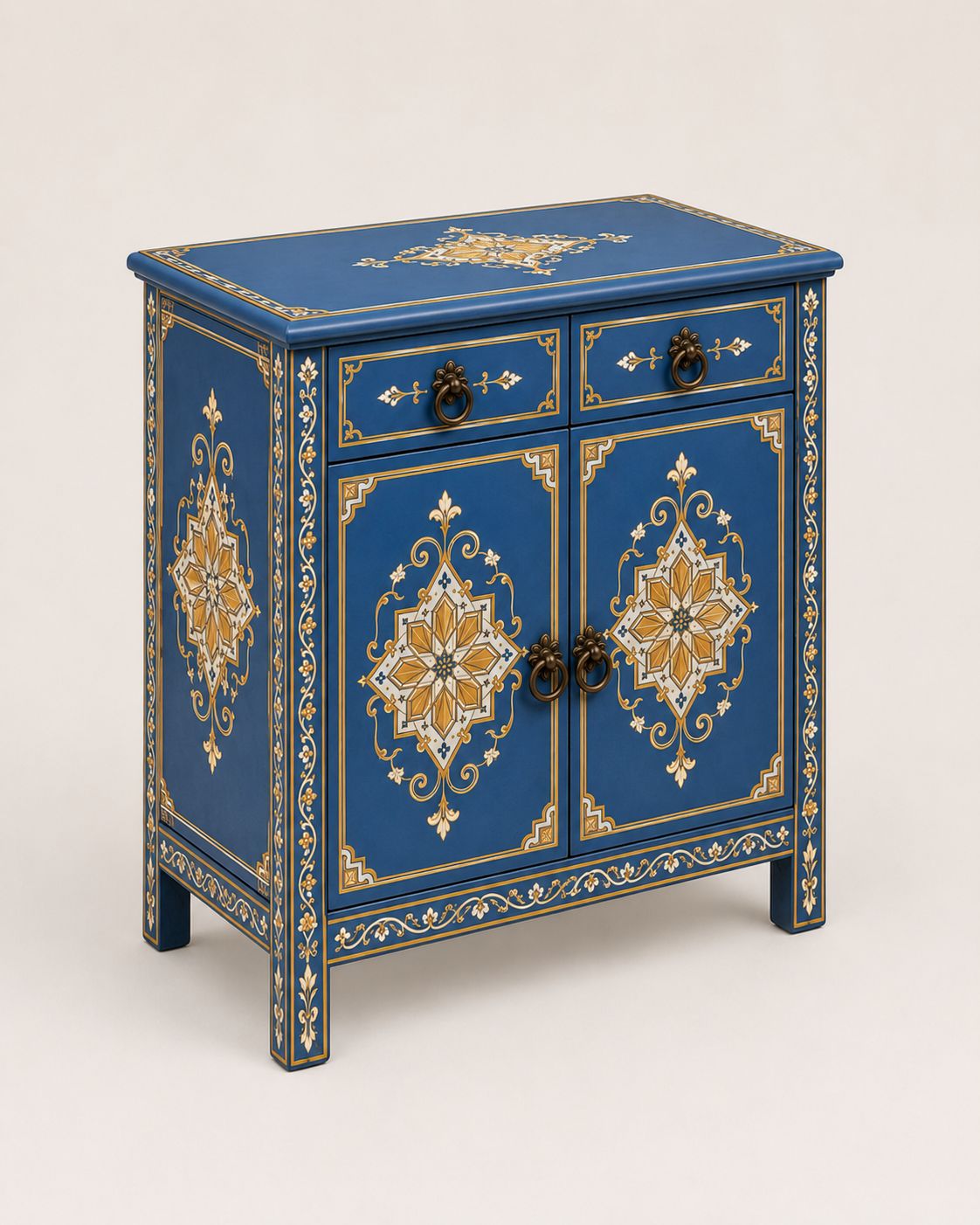 Close-up of gold geometric motifs on a hand-painted Moroccan cabinet