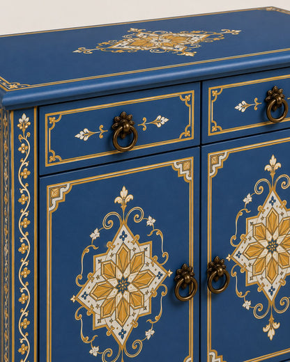 Decorative blue cabinet with gold and white floral patterns