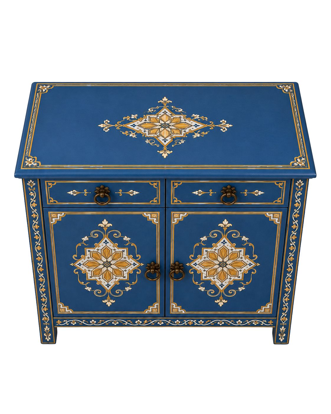 Hand-painted blue Moroccan cabinet with gold details and two drawers