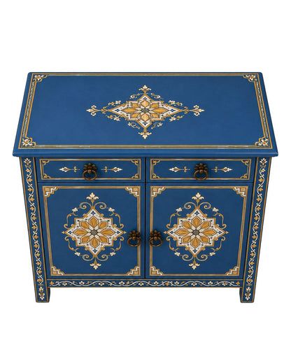Hand-painted blue Moroccan cabinet with gold details and two drawers