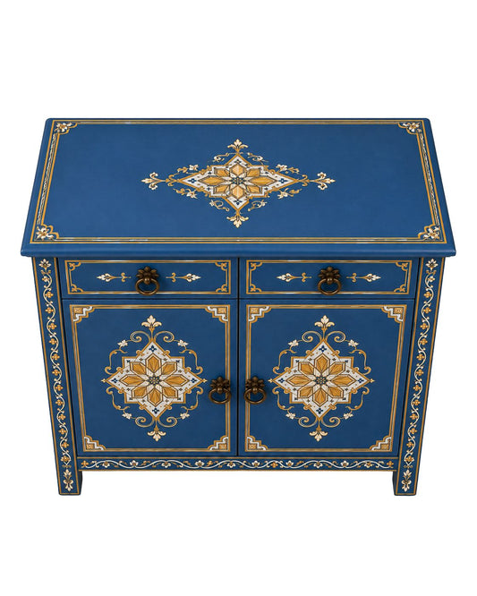 Hand-painted blue Moroccan cabinet with gold details and two drawers