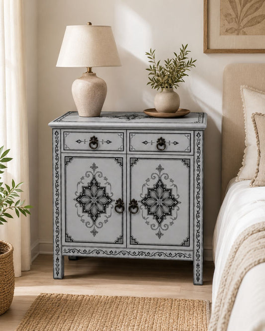 Silver-gray Moroccan wooden nightstand with black artisan patterns