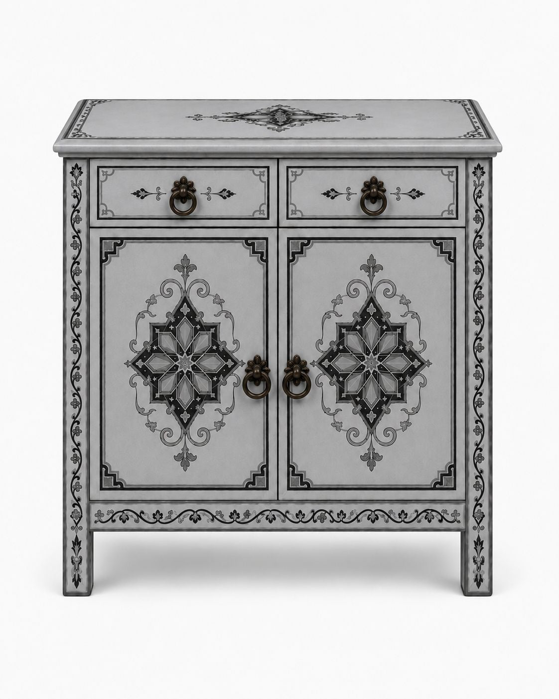 Handmade Moroccan bedside cabinet with antique brass ring pulls