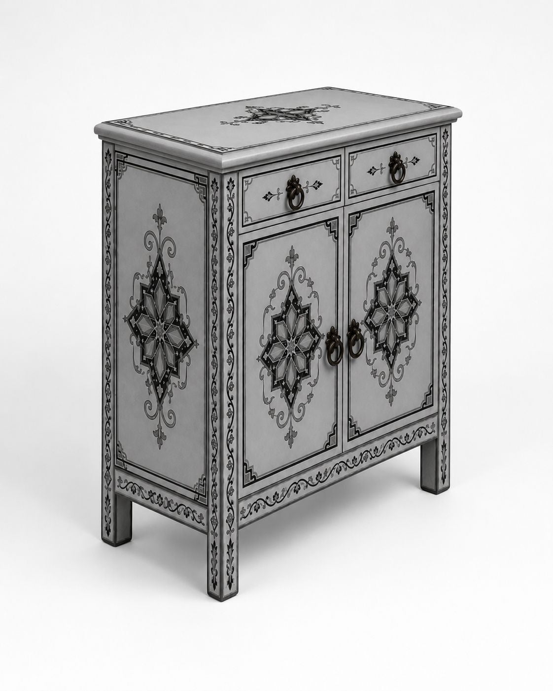 Moroccan gray storage cabinet styled beside a neutral bedroom bed