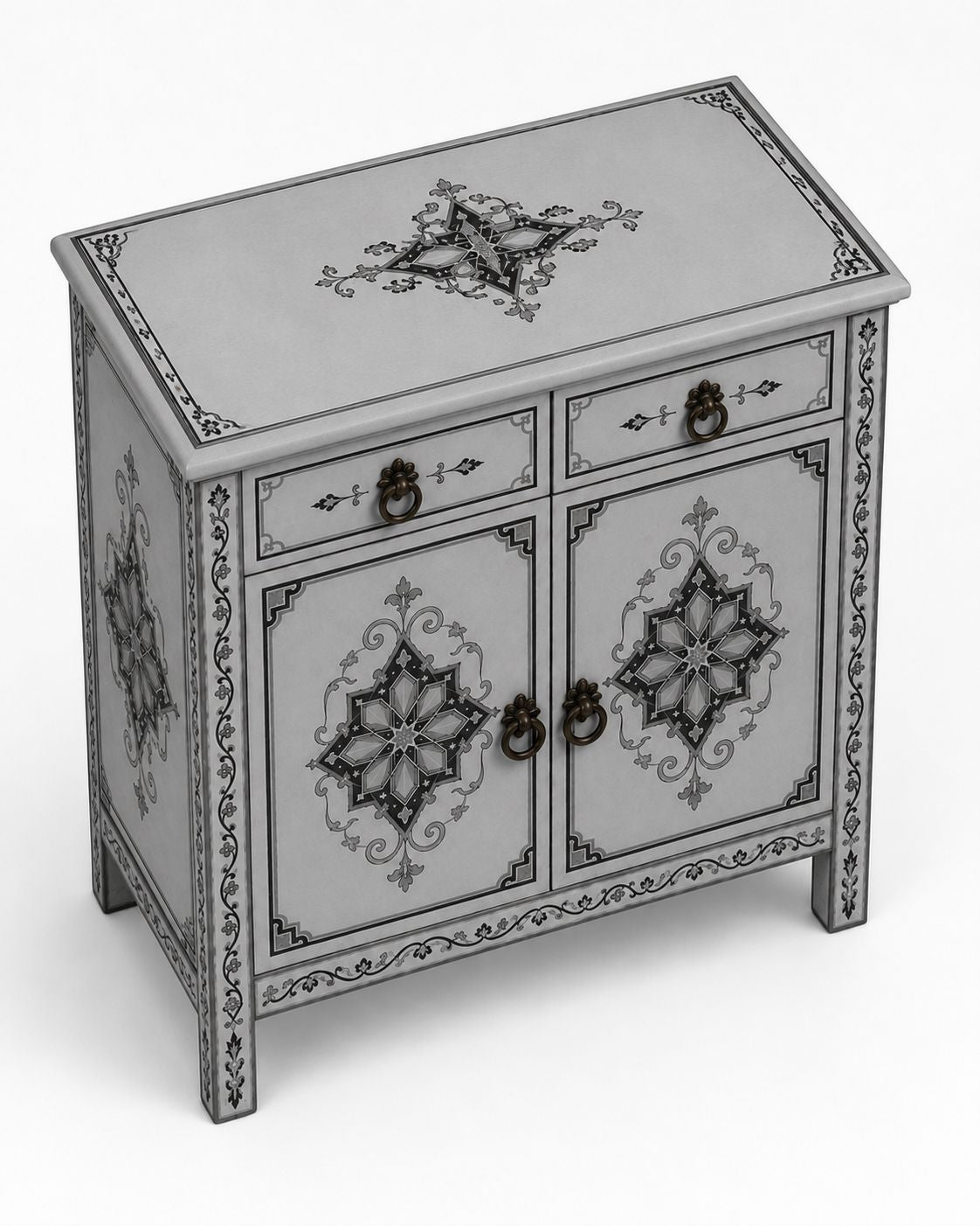 Close-up of geometric hand-painted details on Moroccan cabinet