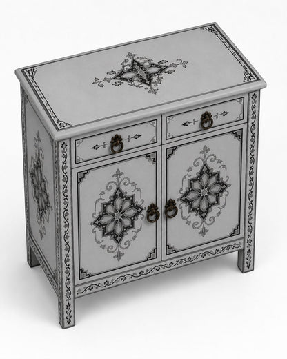 Close-up of geometric hand-painted details on Moroccan cabinet