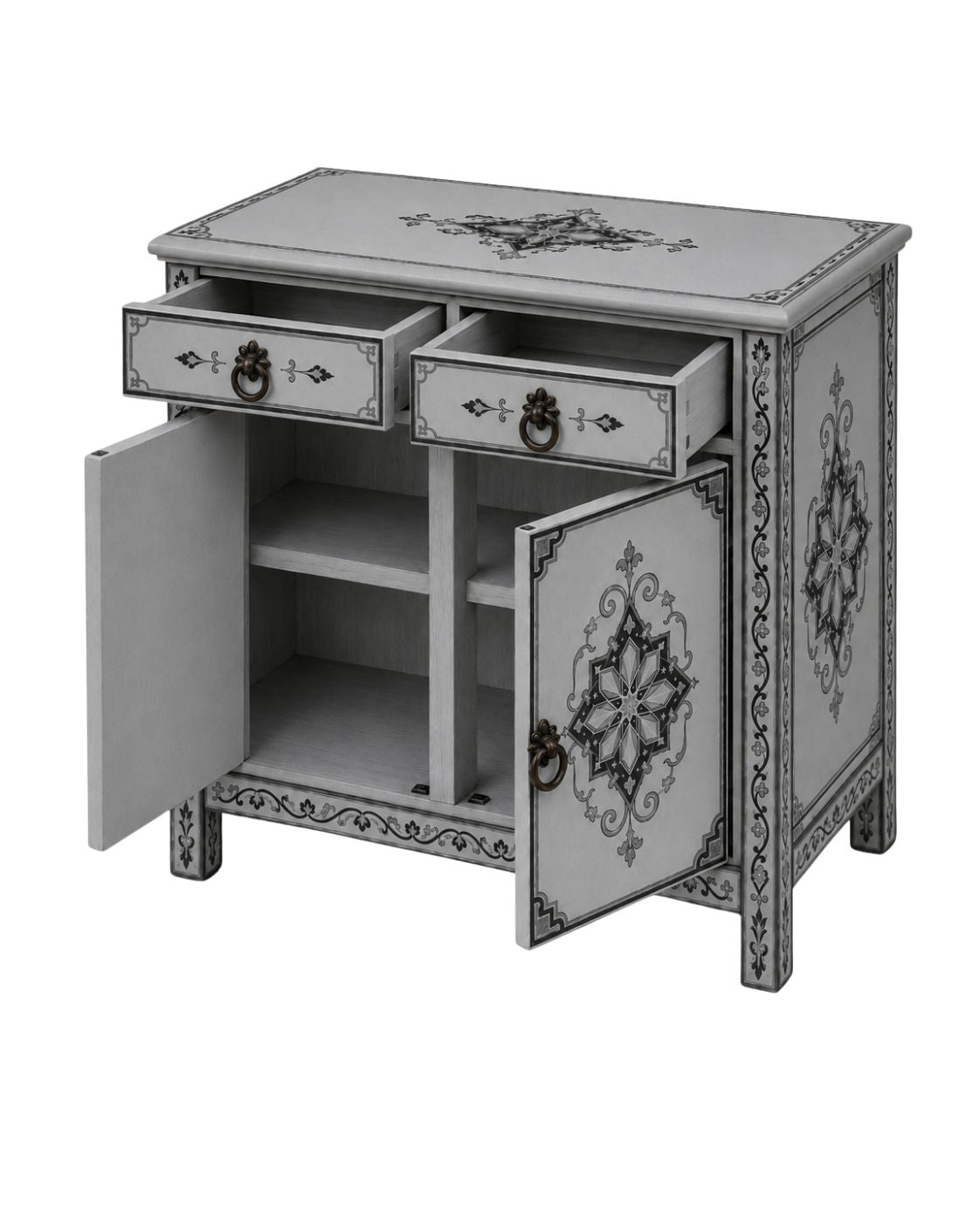 Decorative side table with floral patterns on a white background