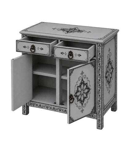 Decorative side table with floral patterns on a white background