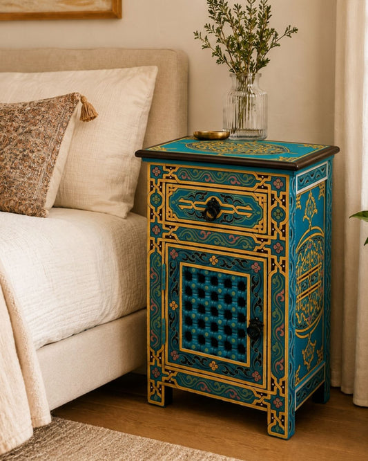 Handmade blue Moroccan bedside table with drawer and storage cabinet