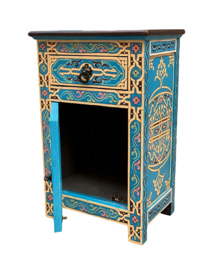 Front view of Moroccan painted nightstand with black ring pull hardware 