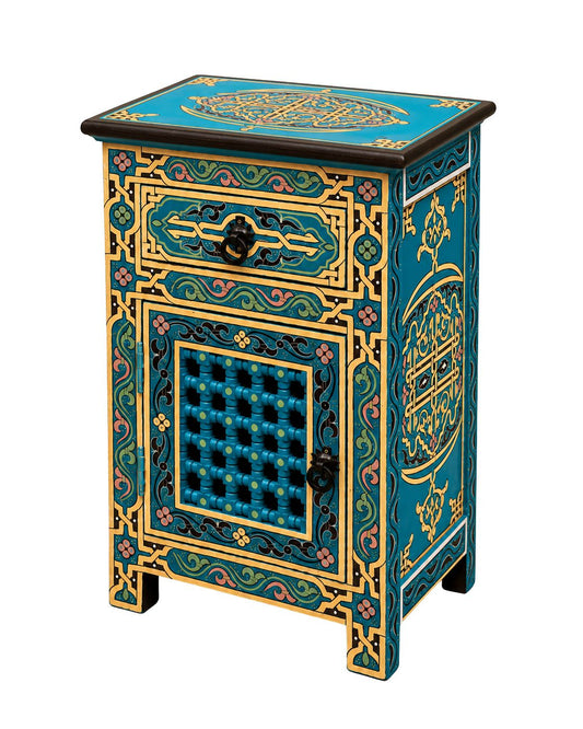 Blue Moroccan hand painted nightstand with gold details and lattice door 
