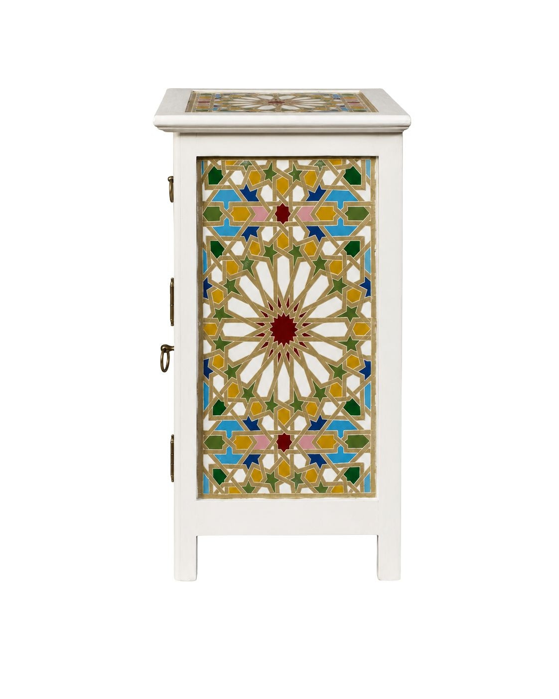 Moroccan wooden nightstand with brass ring pulls and painted top 