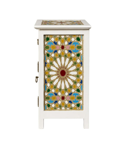 Moroccan wooden nightstand with brass ring pulls and painted top 