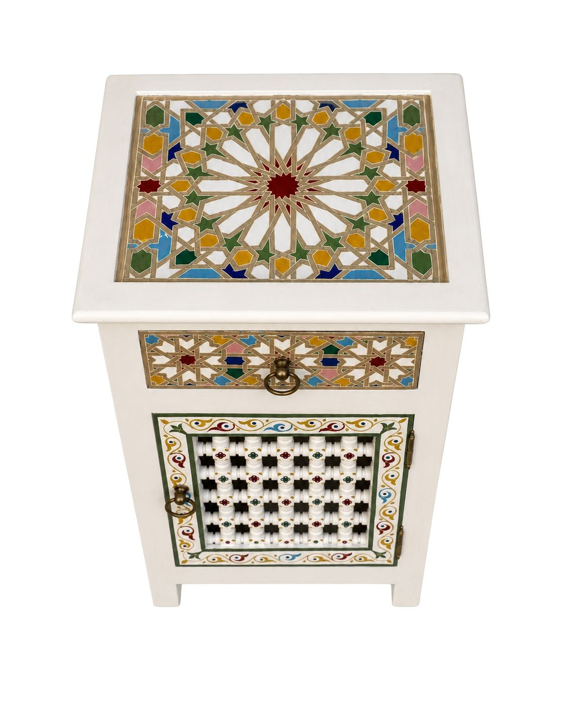 Side view of white Moroccan nightstand with colorful painted pattern 