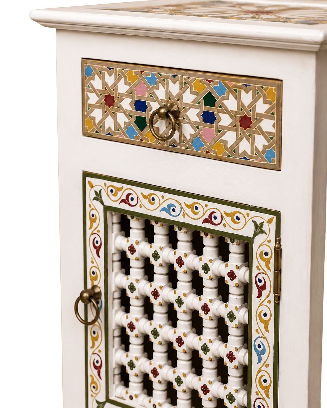 Decorative cabinet with intricate lattice design and colorful mosaic pattern on a white background