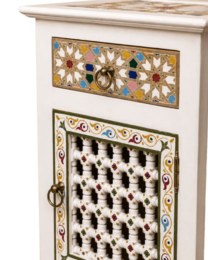 Decorative cabinet with intricate lattice design and colorful mosaic pattern on a white background