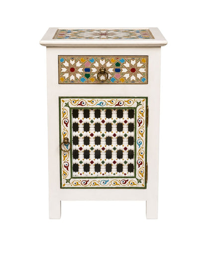 White Moroccan hand painted nightstand with colorful geometric panels 