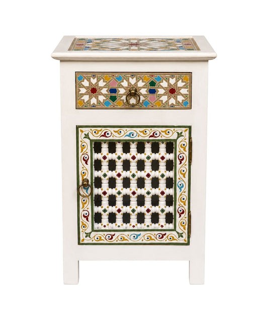 White Moroccan hand painted nightstand with colorful geometric panels 