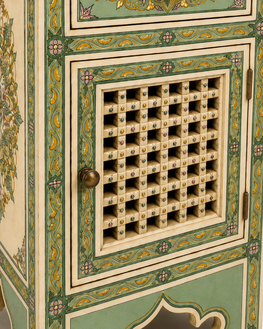Teal Hand-Painted Moroccan Nightstand with Mashrabiya Cabinet