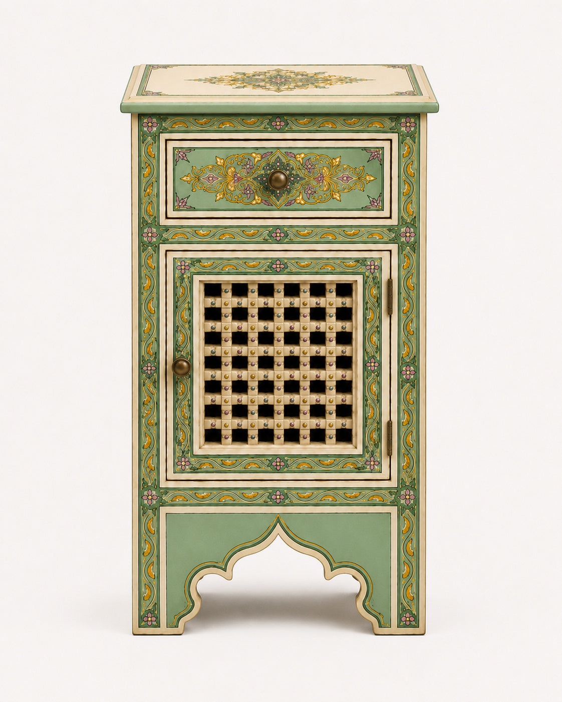 Teal Hand-Painted Moroccan Nightstand with Mashrabiya Cabinet