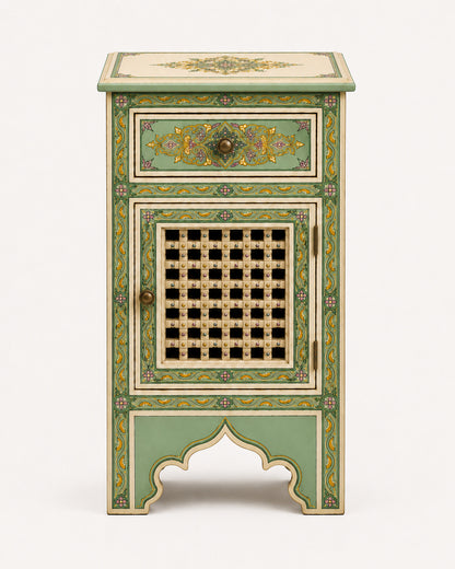 Teal Hand-Painted Moroccan Nightstand with Mashrabiya Cabinet