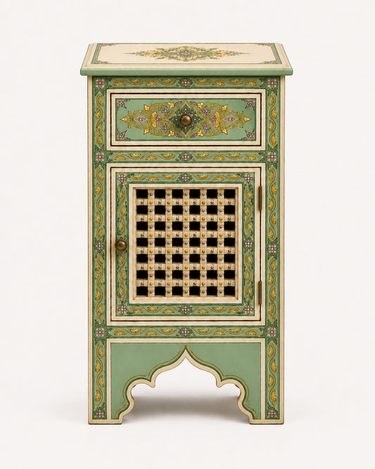Teal hand-painted Moroccan nightstand with drawer and lattice-door cabinet