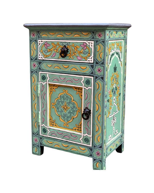 Front view of handmade mint green Moroccan nightstand 