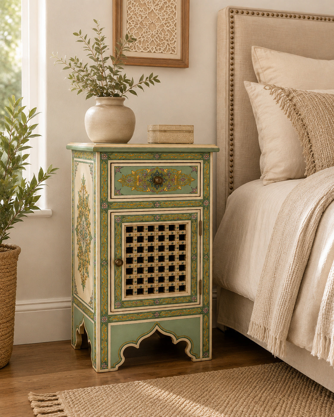 Teal Hand-Painted Moroccan Nightstand with Mashrabiya Cabinet