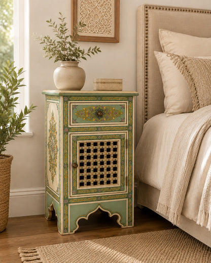 Teal Hand-Painted Moroccan Nightstand with Mashrabiya Cabinet