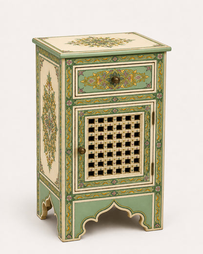 Teal Hand-Painted Moroccan Nightstand with Mashrabiya Cabinet