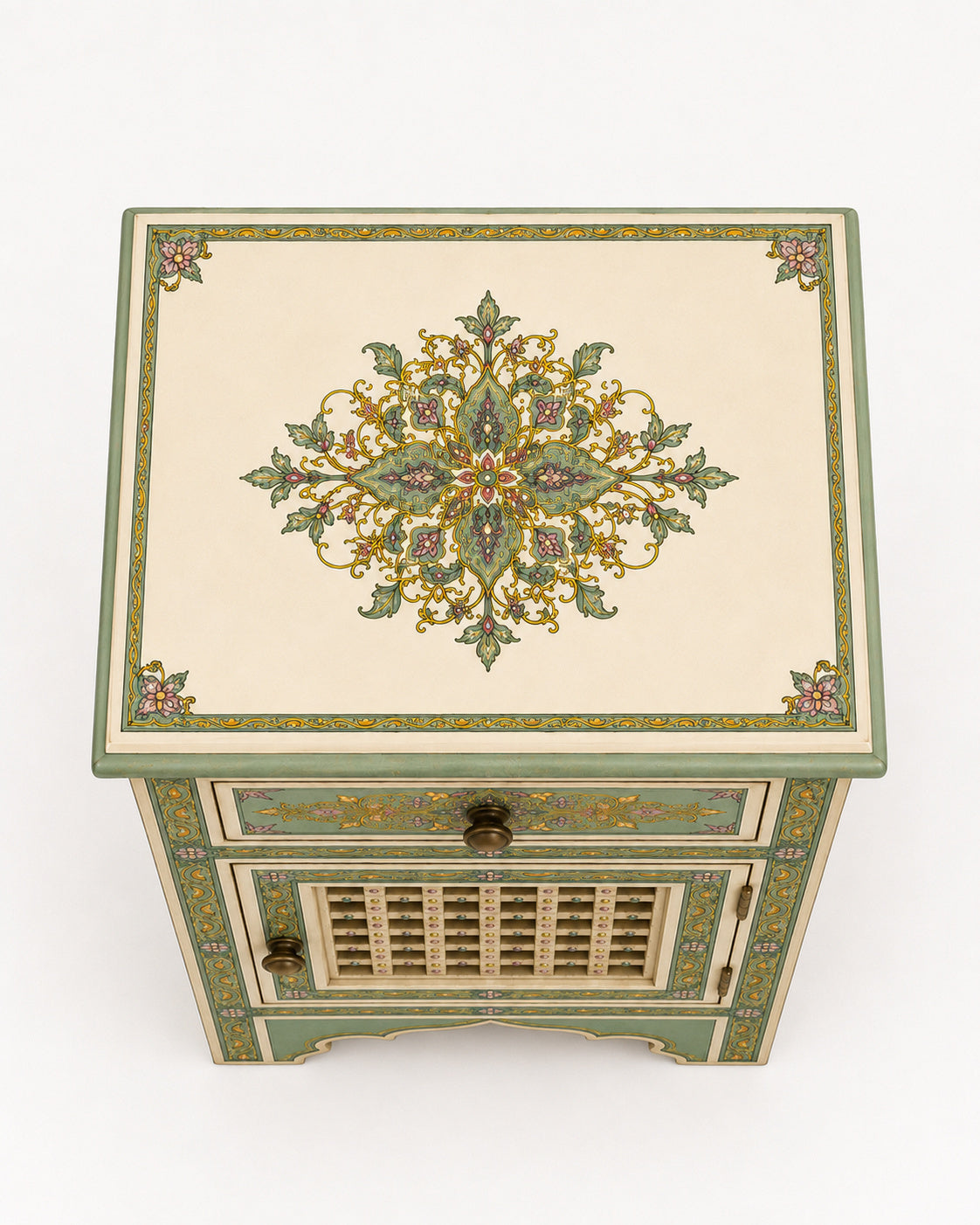 Teal Hand-Painted Moroccan Nightstand with Mashrabiya Cabinet
