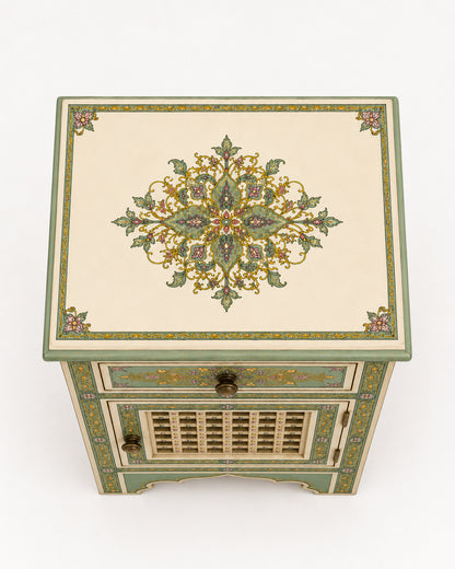 Teal Hand-Painted Moroccan Nightstand with Mashrabiya Cabinet