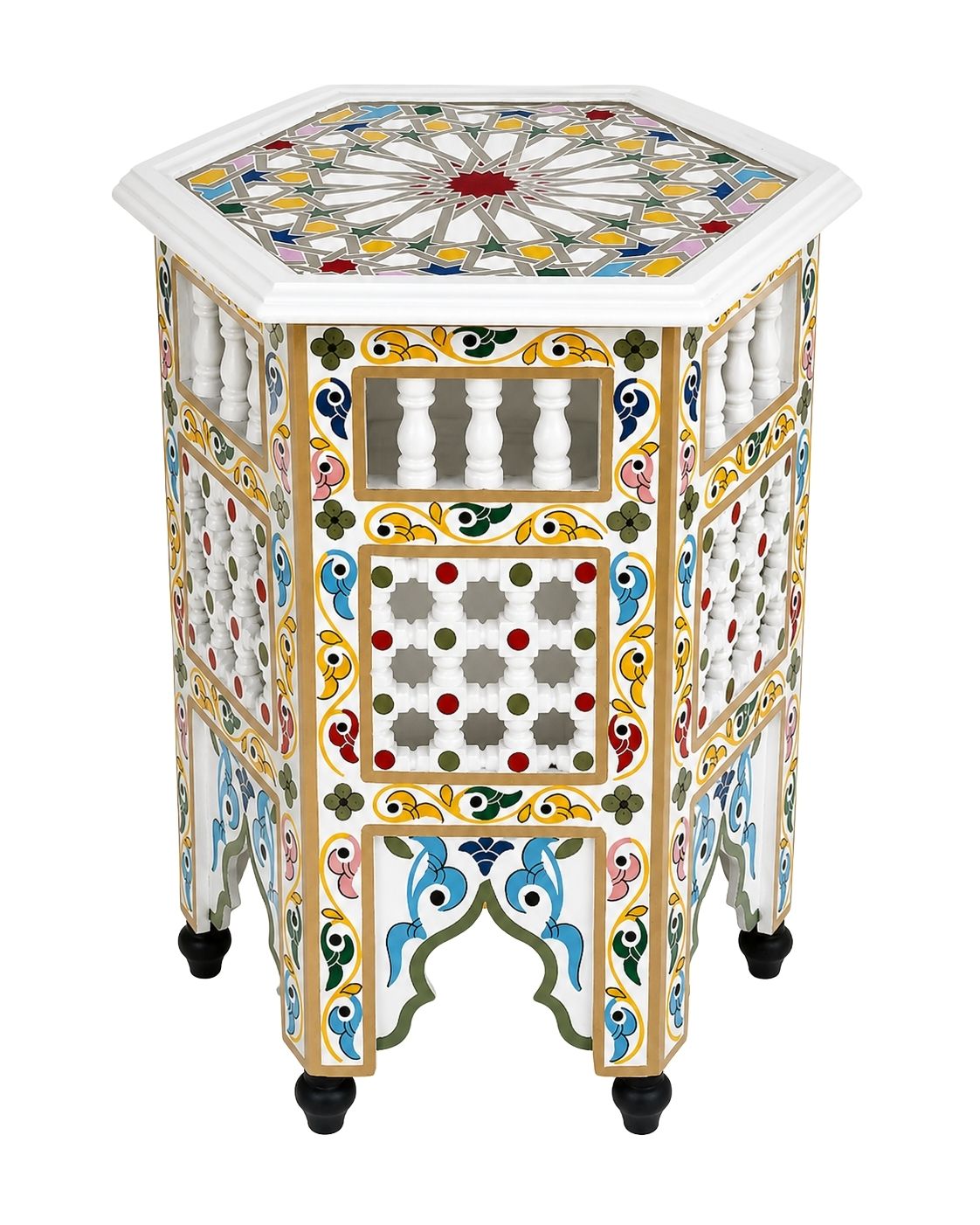 White Moroccan hand-painted octagonal wooden side table 