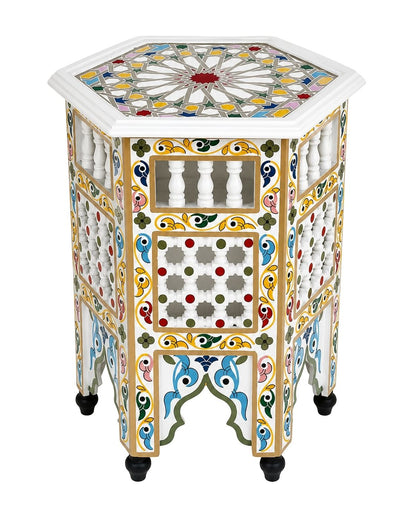 White Moroccan hand-painted octagonal wooden side table 