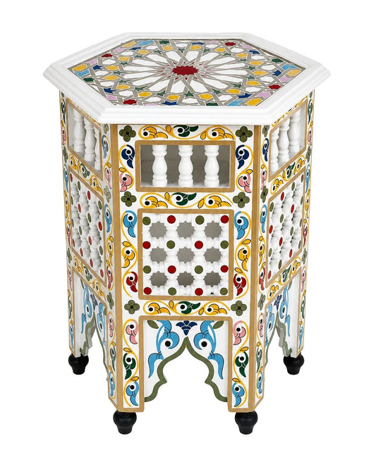 White Moroccan hand-painted octagonal wooden side table 