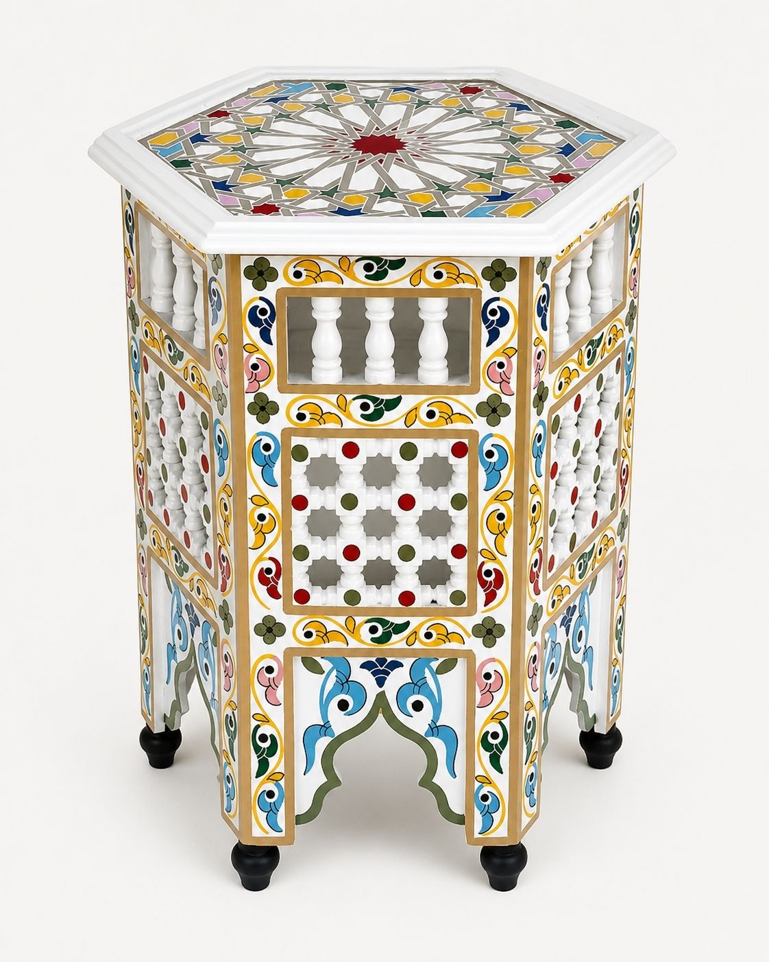 Moroccan octagonal side table styled beside a cream sofa 