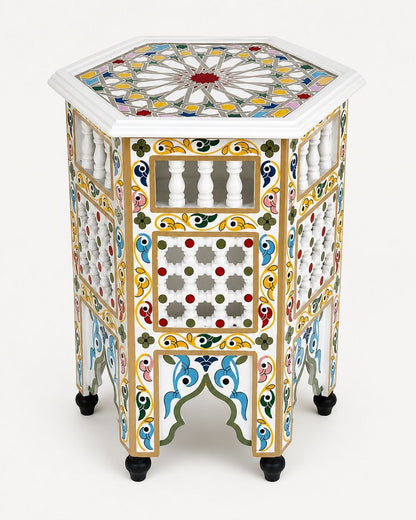 Moroccan octagonal side table styled beside a cream sofa 
