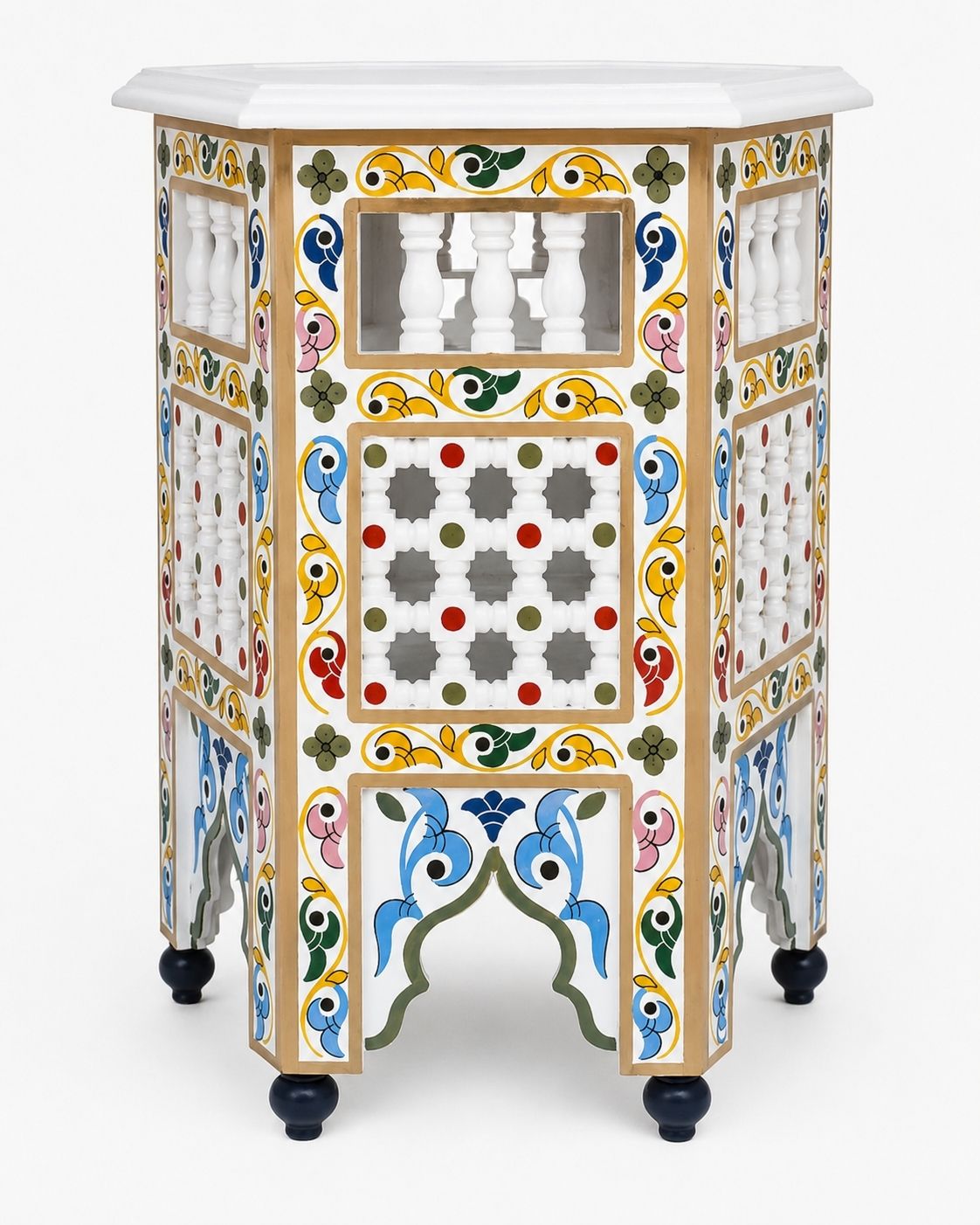 A highly decorative, hand-painted wooden cabinet with a white marble top and black feet, featuring intricate geometric and floral patterns in multiple colors.