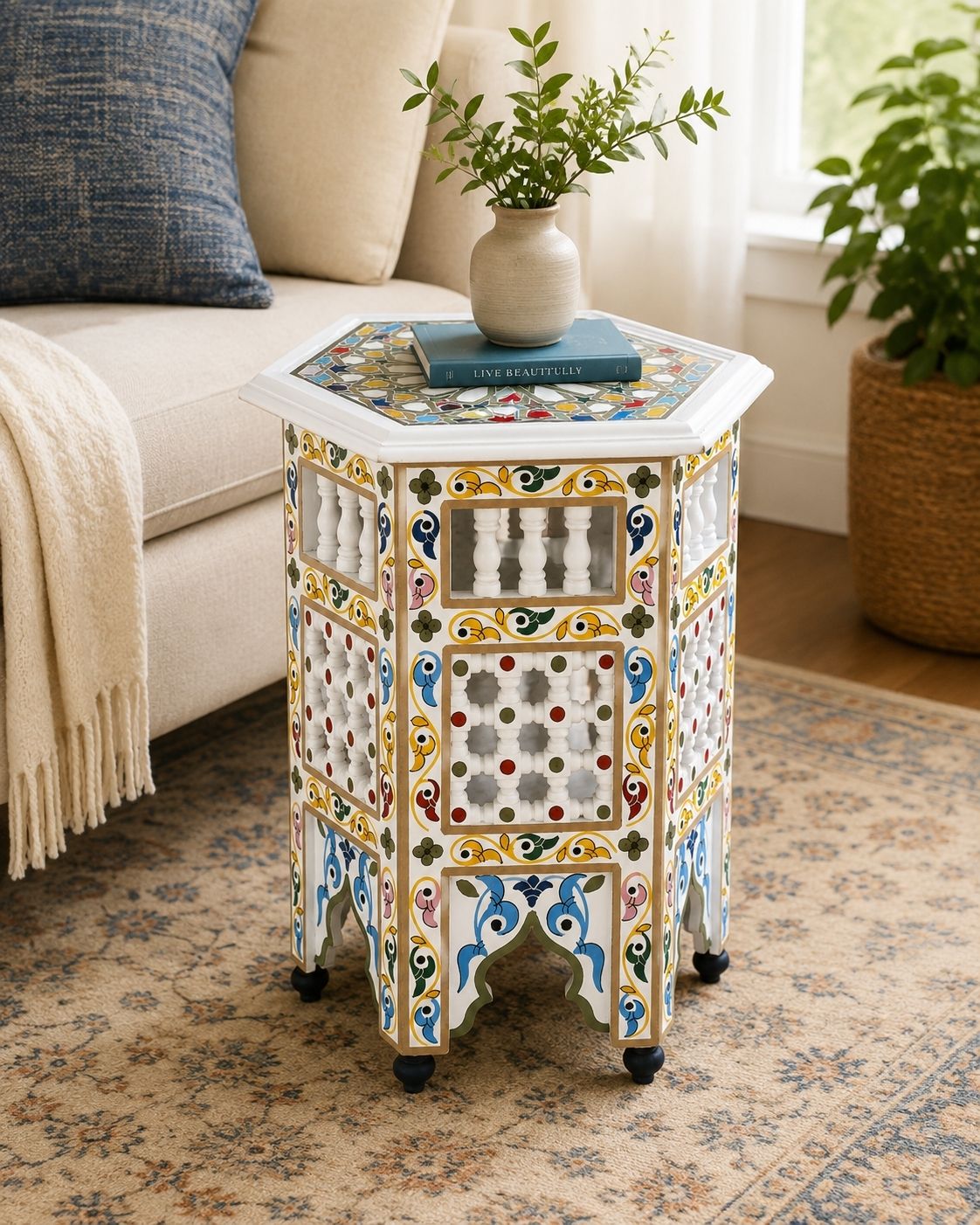 Handmade Moroccan side table with colorful geometric tabletop 